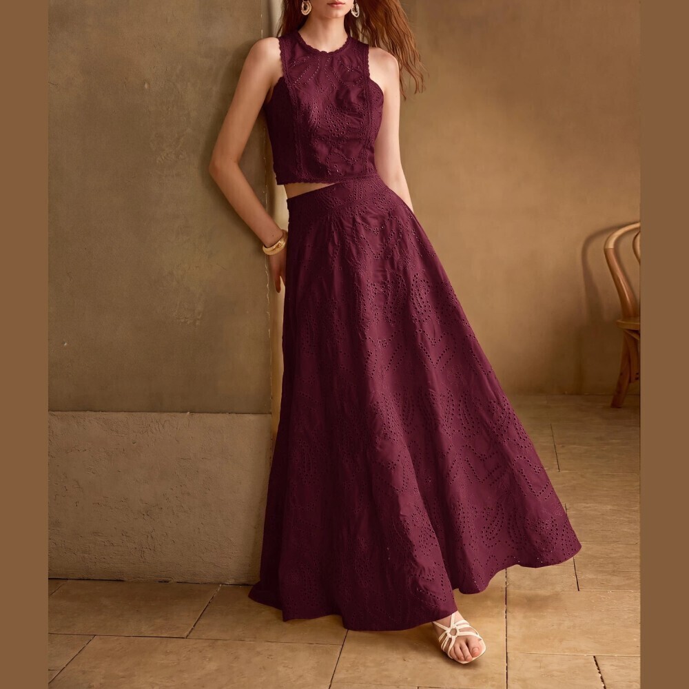 Burgundy Scalloped Sleeveless Crop Top and A-Line Maxi Skirt Set